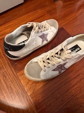 Golden Goose White Leather Sneakers with Pink Glitter Star and Black Heel